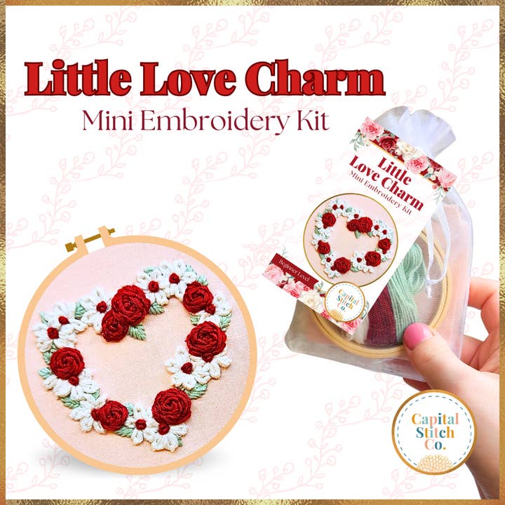 Pink Little Love Charm Mini Embroidery Kit for wholesale by Capital Stitch Co.