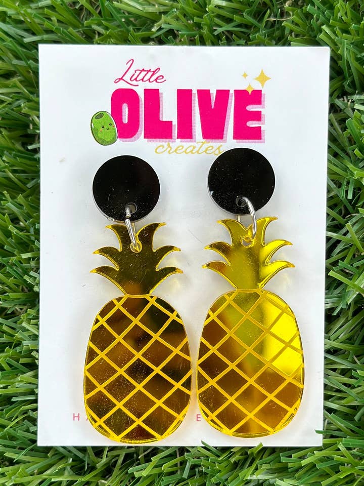 Golden Elegance: Gold Mirror Pineapple Drop Dangle Earrings for wholesale by Little Olive Creates