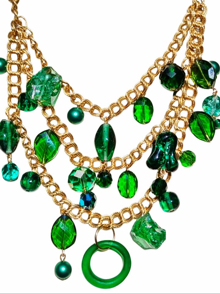 Unique Three-Tiered Green Glass Bead Necklace with Vintage Brass Chain - One-of-a-Kind Designer Quality by Sugar Gay Isber for wholesale by Gay Isber Designs
