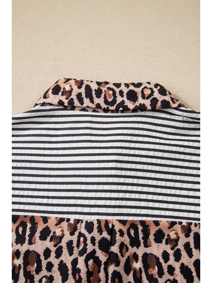 66DISCO - Vente Chemise à col boutonné – femme - Chemise à boutons léopard et rayures contrastées chic printemps 202622