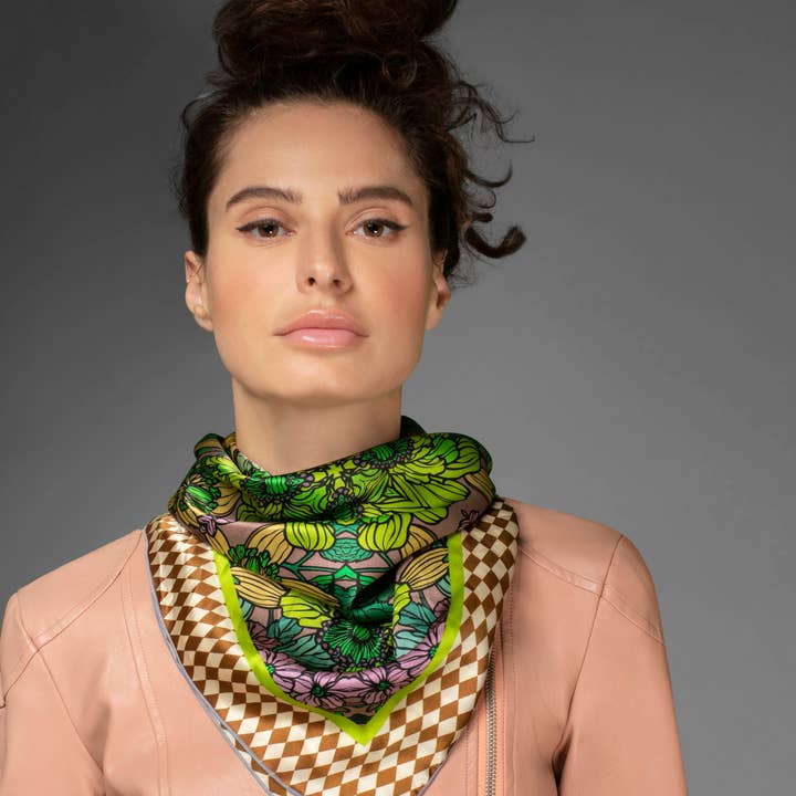 Nuvula - Wholesale Scarf – Women's - Botanical Green Garden Silk Charmeuse Floral Printed Scarf2