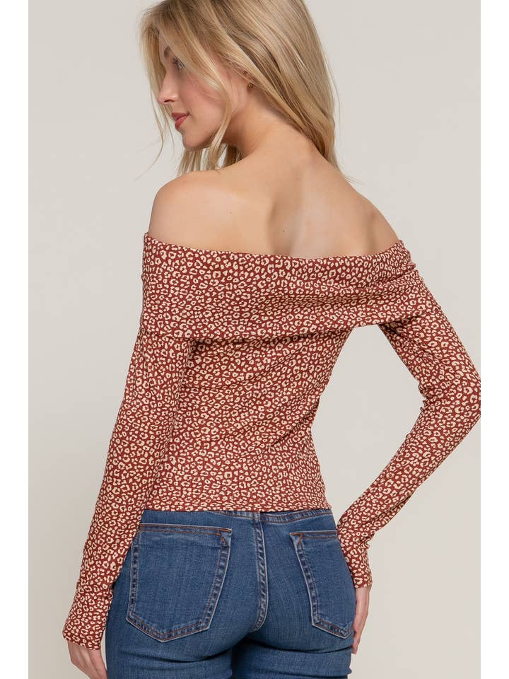 RST rust taupe Long Sleeve Off The Shoulder Leopard Printed Rib Knit Top for wholesale on Faire