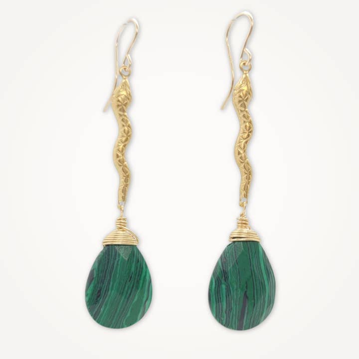 Gold Snake Earrings • Malachite for wholesale by Beatrixbell Handcrafted