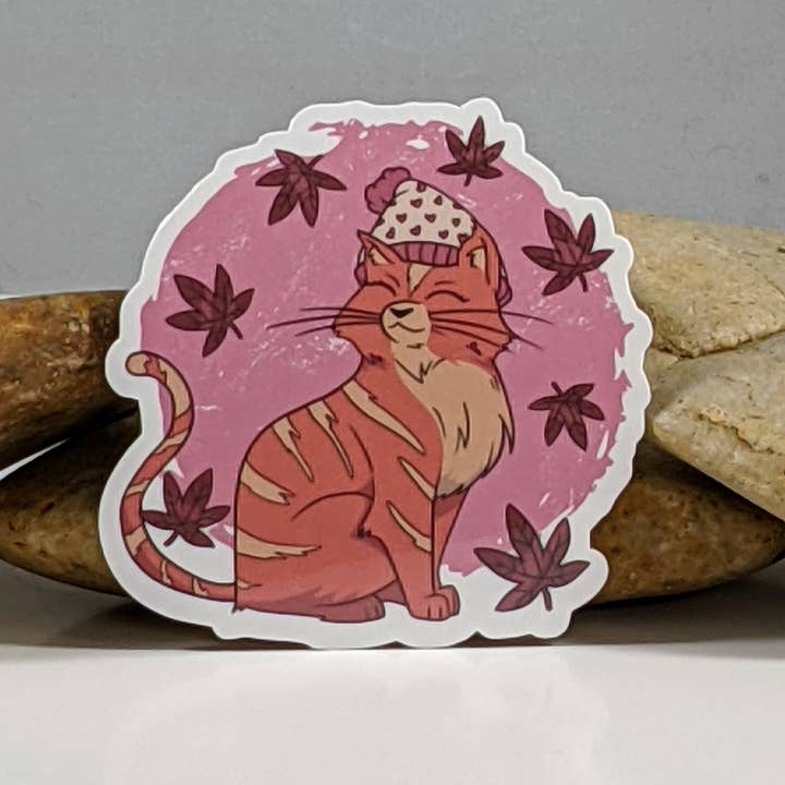 Mimic Gaming Co - Wholesale Sticker - Cute Autumn Tabi Cat With Leaves And Hat 2.5" Sticker