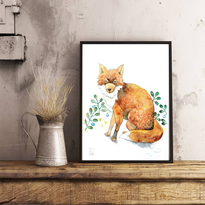 1157. Blueberry Fox Print for wholesale by Dancing Raven Designs