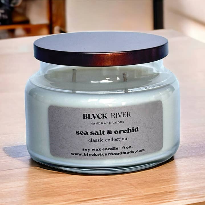 Sea Salt & Orchid 9 oz Soy Candle - Clear Apothecary Jar for wholesale by Black River Handmade Goods