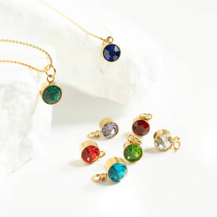 WJW - Wholesale Individual Charm/Pendant - 18K Gold PVD Round Birthstone Charm (8mm)