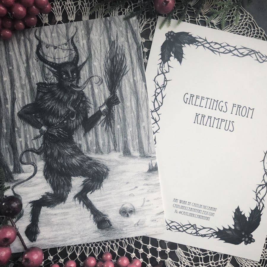 Caitlin McCarthy Art - Wholesale Season's Greetings Card - Greetings from Krampus - 10 Double Sided Holiday Cards1