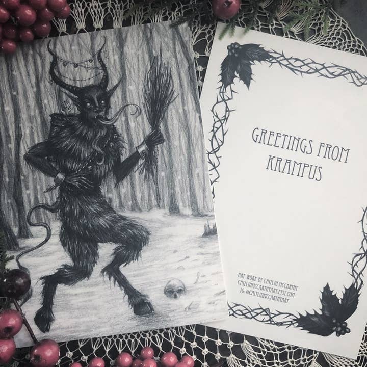 Caitlin McCarthy Art - Wholesale Season's Greetings Card - Greetings from Krampus - 10 Double Sided Holiday Cards1