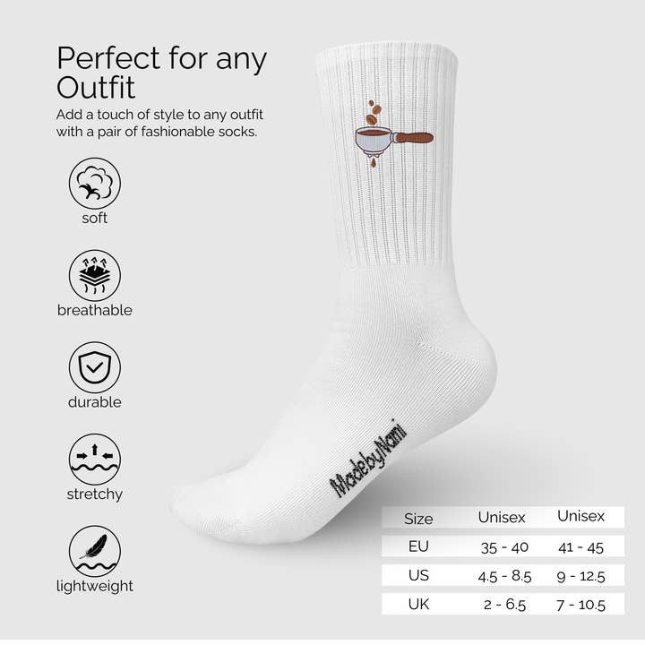 Made By Nami - Wholesale Socks – Unisex - 3 pairs of white socks with coffee motif1