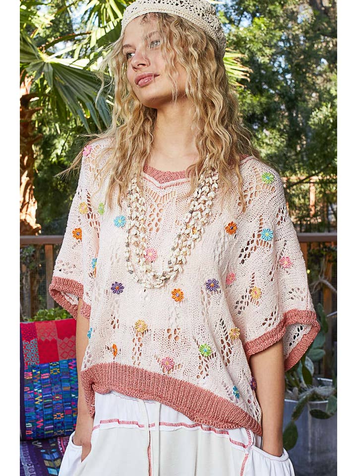 Pol Clothing - Wholesale Knit Top - Women's - V-neck sleeveless flower outseam thin sweater top