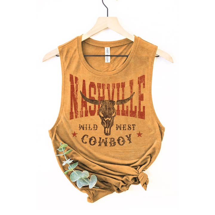 HRTandLUV - Wholesale Tank Top - Women's - NASHVILLE WILD WEST COWBOY GRAPHIC TANK TOP