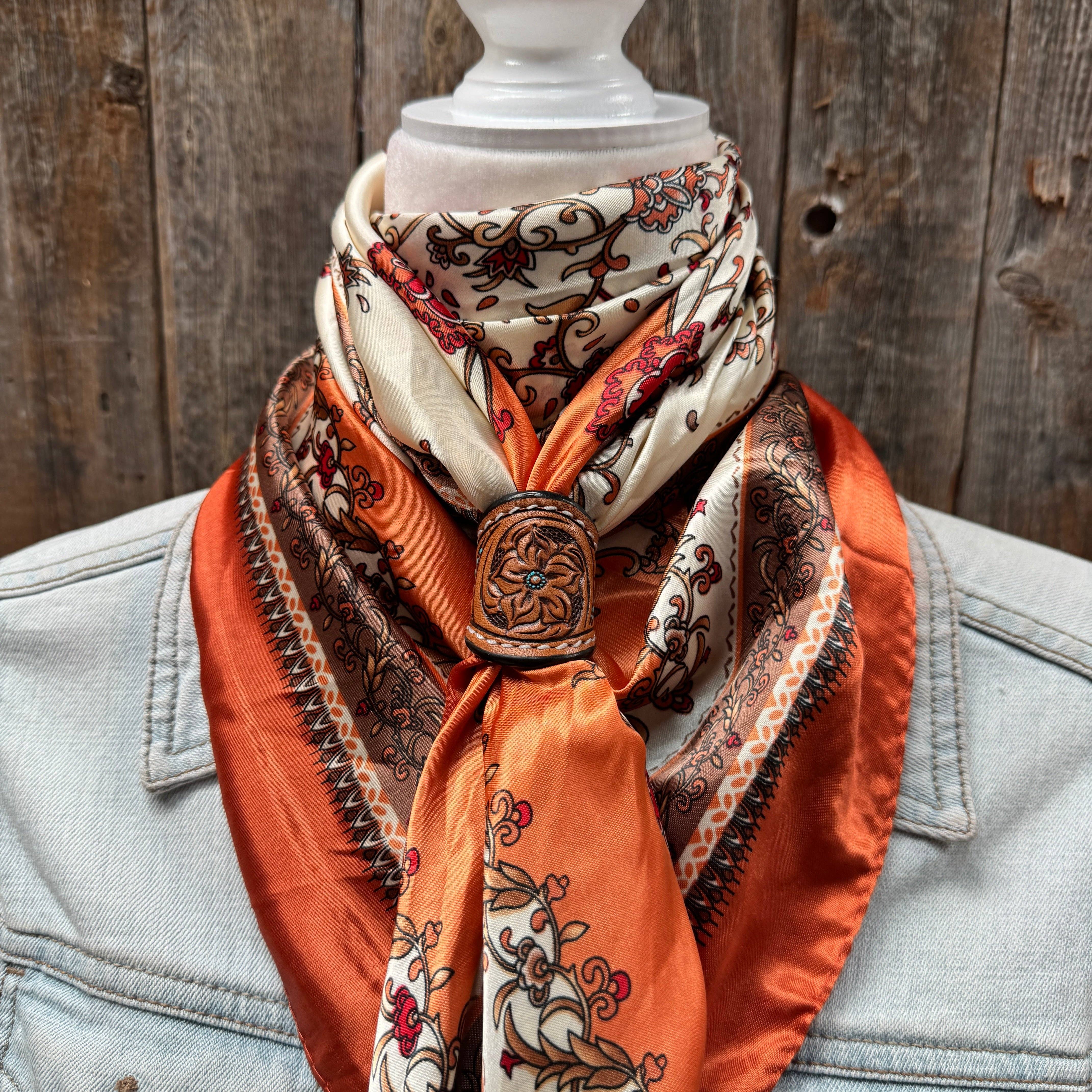 Rodeo Drive - Wholesale Scarf - Unisex - 35X35" Burnt Orange & Tan Paisley Wild Rag / Scarf WR2179 - Tooled Leather Wild Rag Slides - Assorted4