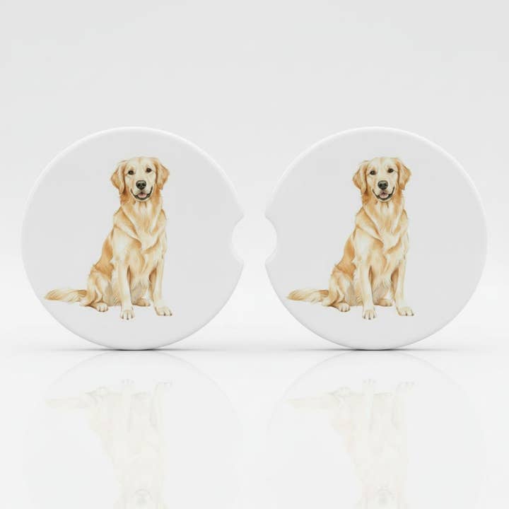 Light Golden Retriever Car Coaster Set – Ceramic Absorbent Coasters for Dog Lovers (Set of 2) for wholesale by Designs by Mysh