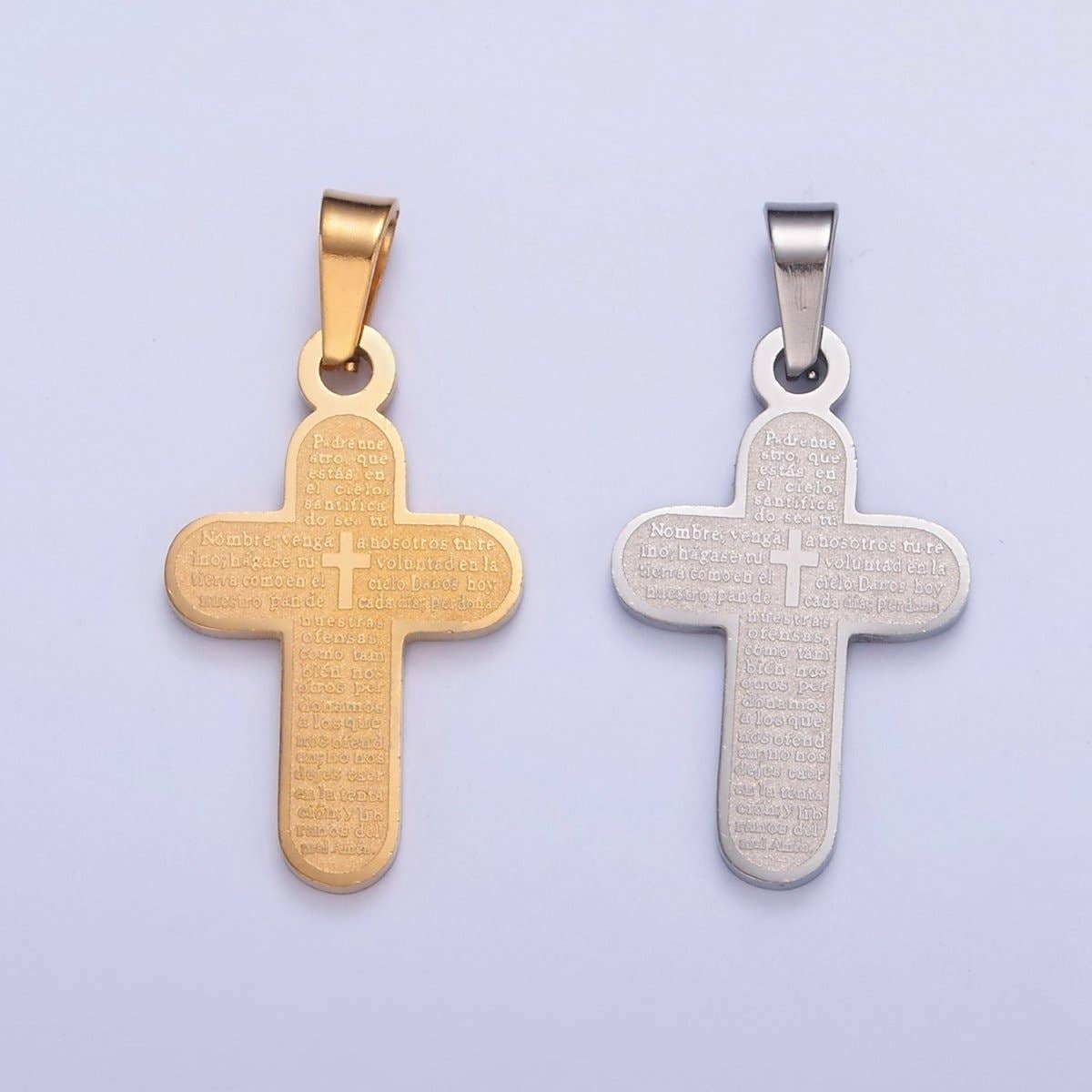 Aim Eternal - Wholesale Individual Charm/Pendant - Stainless Steel Religious Cross, The Lord's Prayer (in Spanish) Engraved, I-436 I-4374
