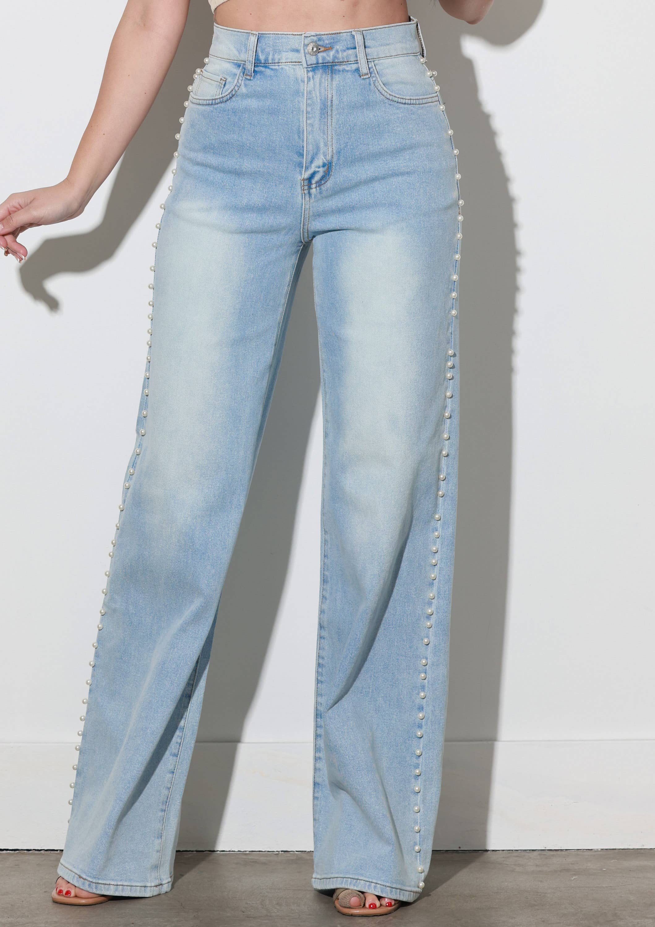 Light Stone Pearl Stud High Rise Wide Jeans for wholesale on Faire1
