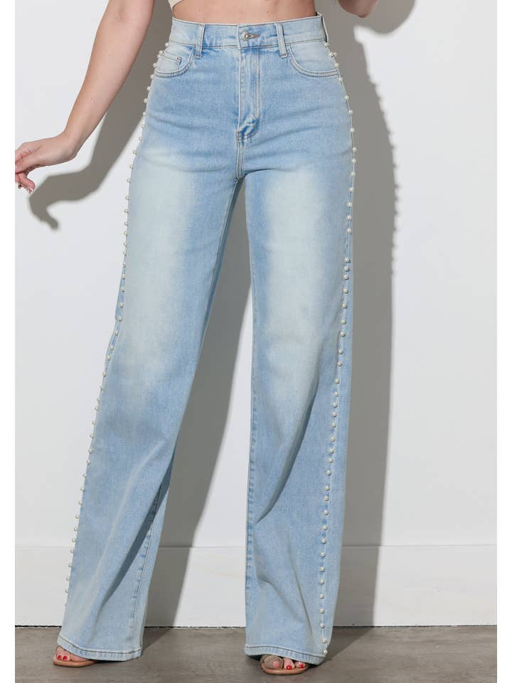 Light Stone Pearl Stud High Rise Wide Jeans for wholesale on Faire1