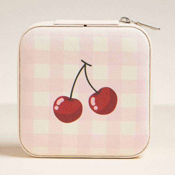 Cherry and Checker Pattern Portable Square Jewelry Box for wholesale by Sensibling Corp.