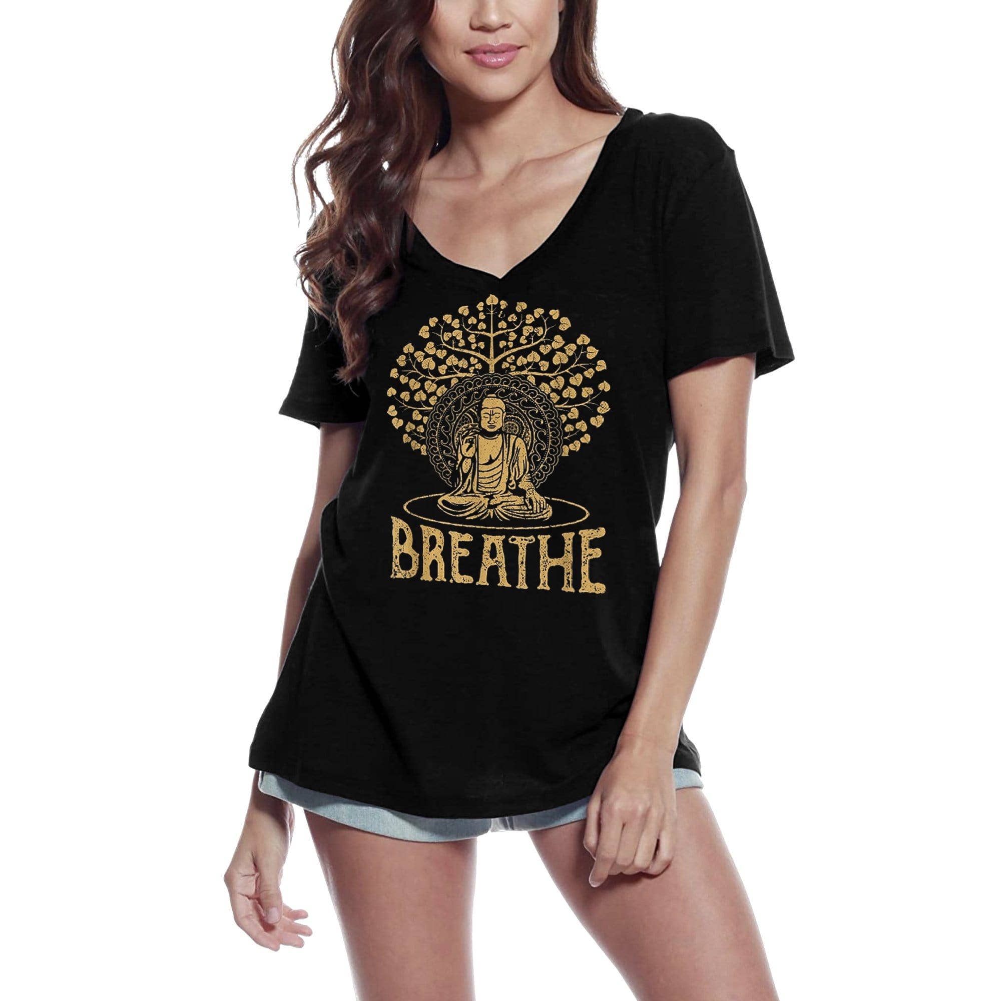 Negro Camiseta de mujer ULTRABASIC con cuello en V Breathe Buddha Yoga - camiseta espiritual de meditación de venta al por mayor en Faire0