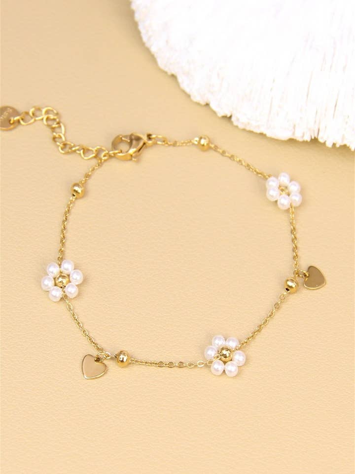Flower, Pearl & Heart Bracelet – Stainless Steel for wholesale by BELLISSIMA BIJOUX