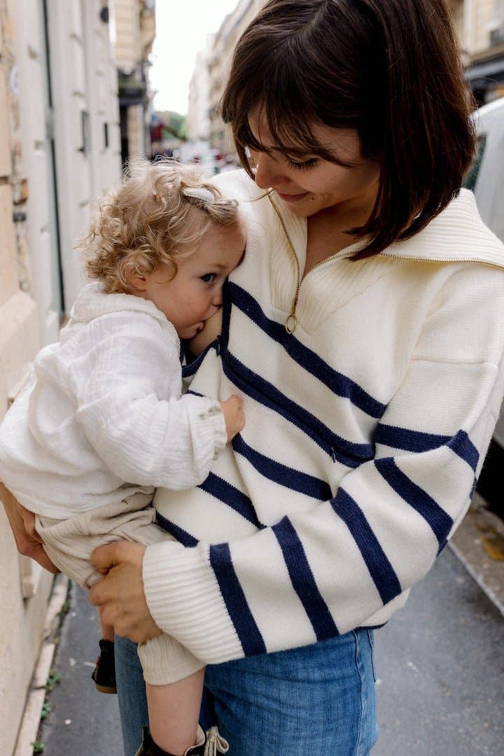 Breton shirt Mèrinière nursing sweater with trucker collar for wholesale on Faire1