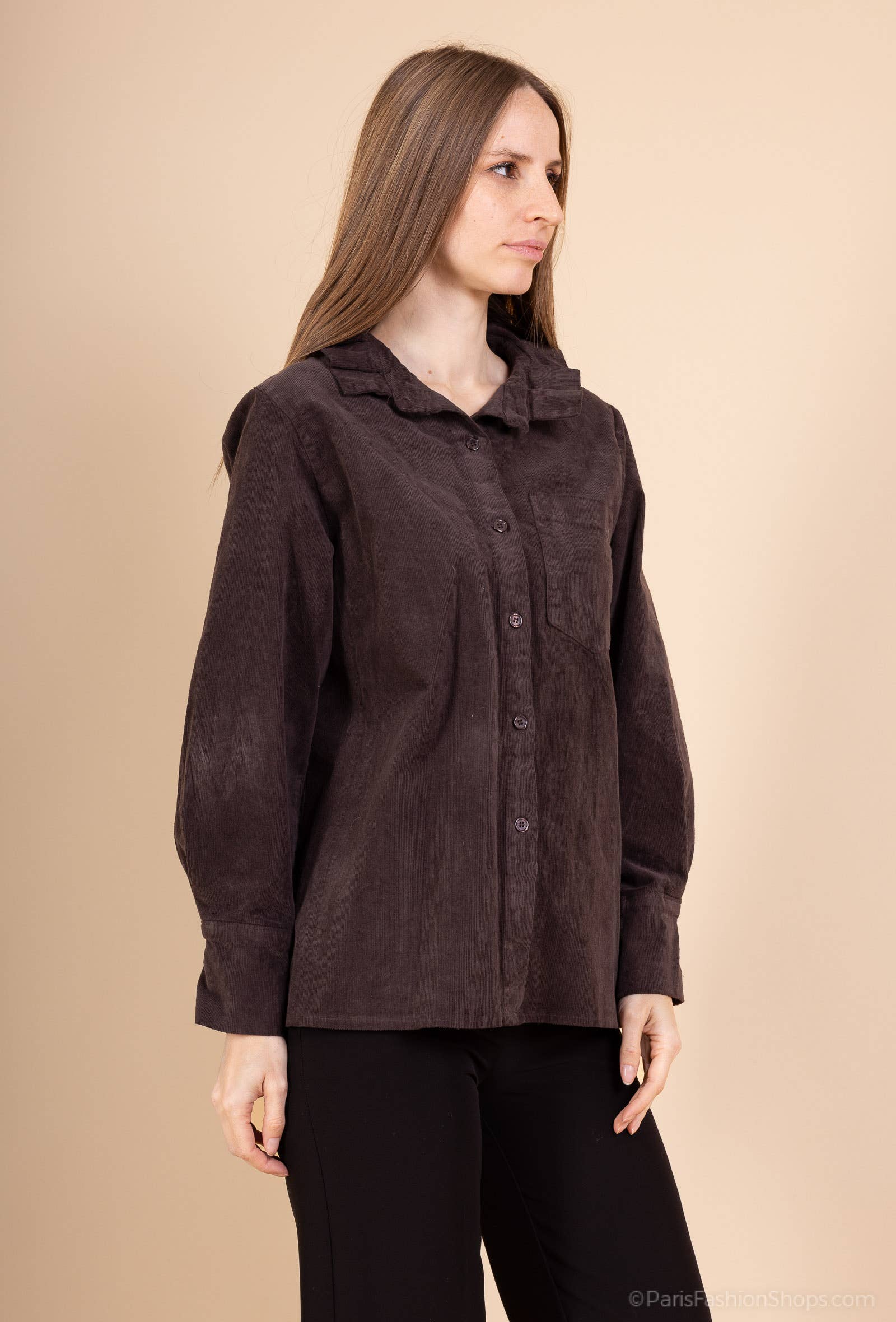 Pépouz' Paris - Wholesale Button Down Shirt - Women's - Corduroy shirt with ruffled collar PC255213