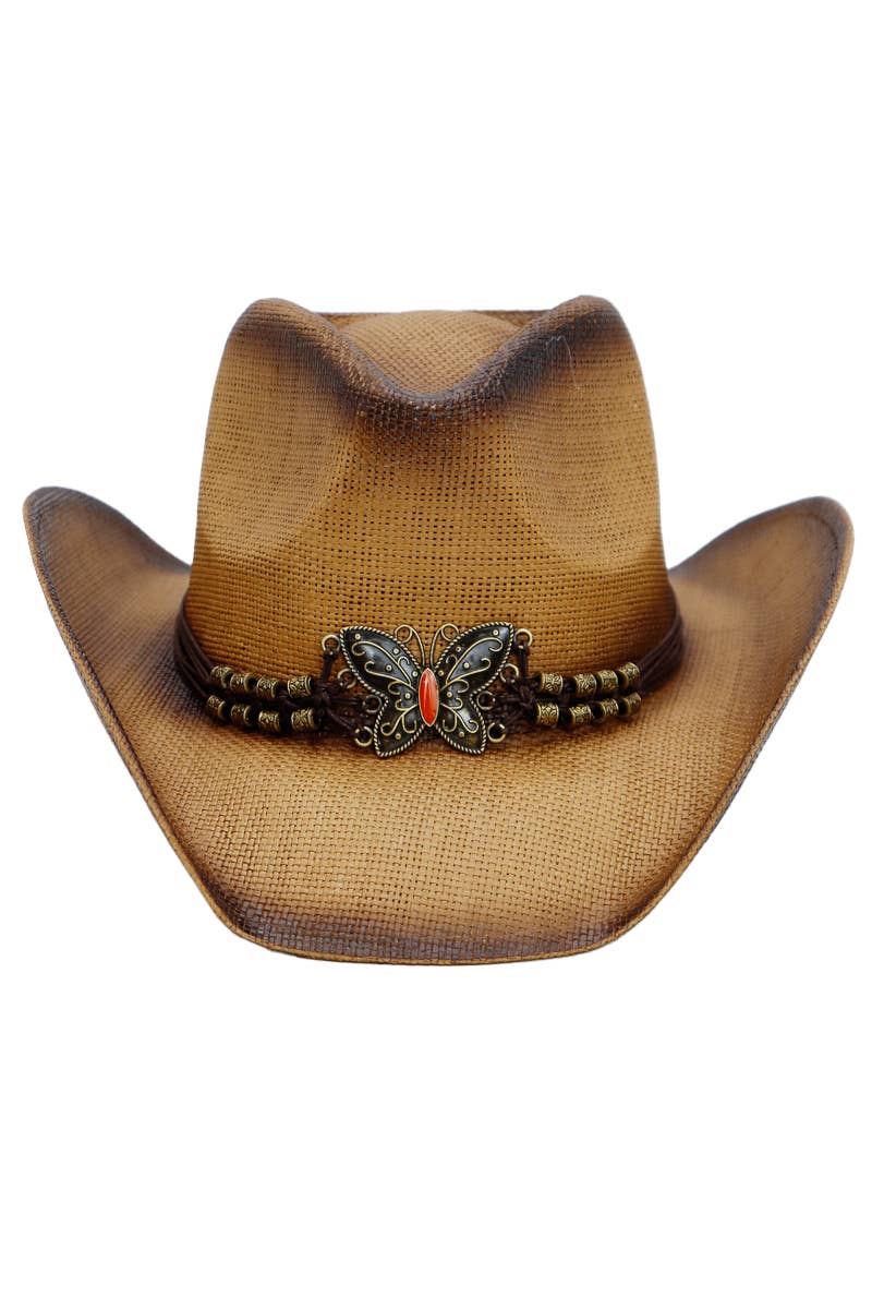 Cap Zone - Wholesale Cowboy Hat - Women's - Butterfly Emblem Waxed String Straw Cowboy Hat5