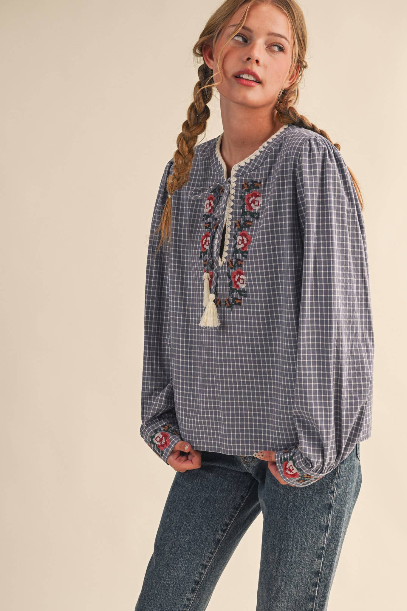 &MERCI - Wholesale Blouse - Women's - FLORAL CROSS STITCH EMBROIDERED CHECKERED TOP MTP41471