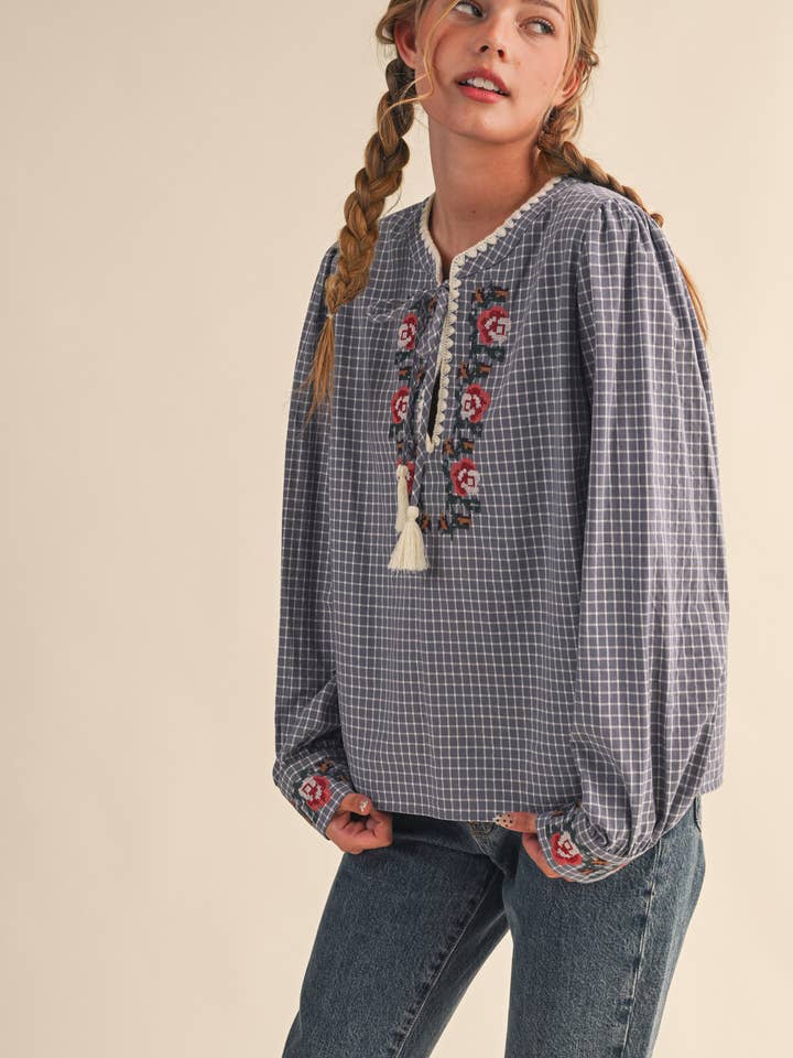 &MERCI - Wholesale Blouse - Women's - FLORAL CROSS STITCH EMBROIDERED CHECKERED TOP MTP41471