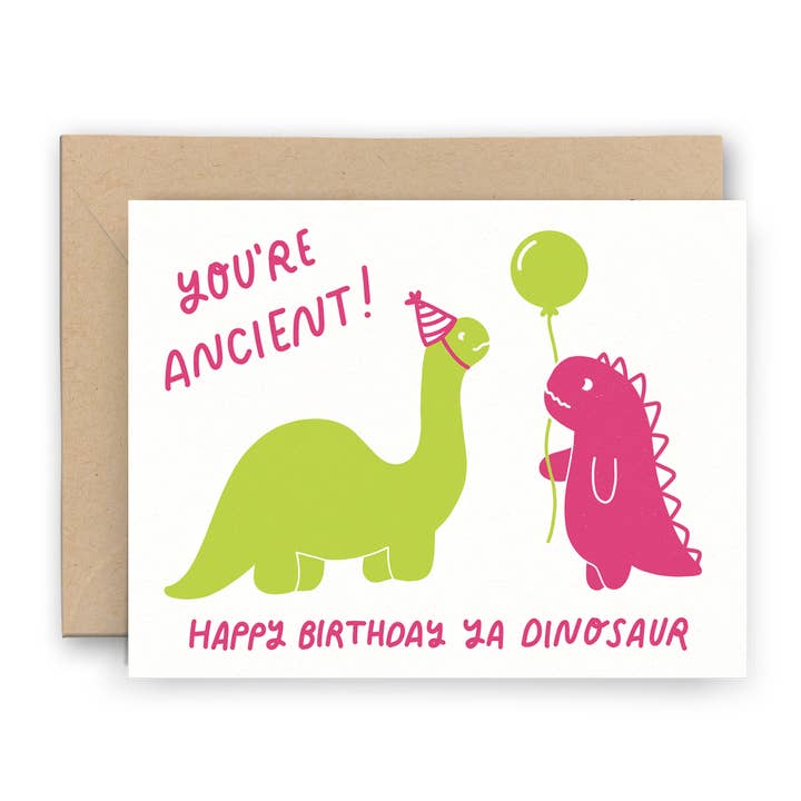 Happy Birthday Dinosaur Letterpress Card for wholesale by Finch and Flourish Paper Goods