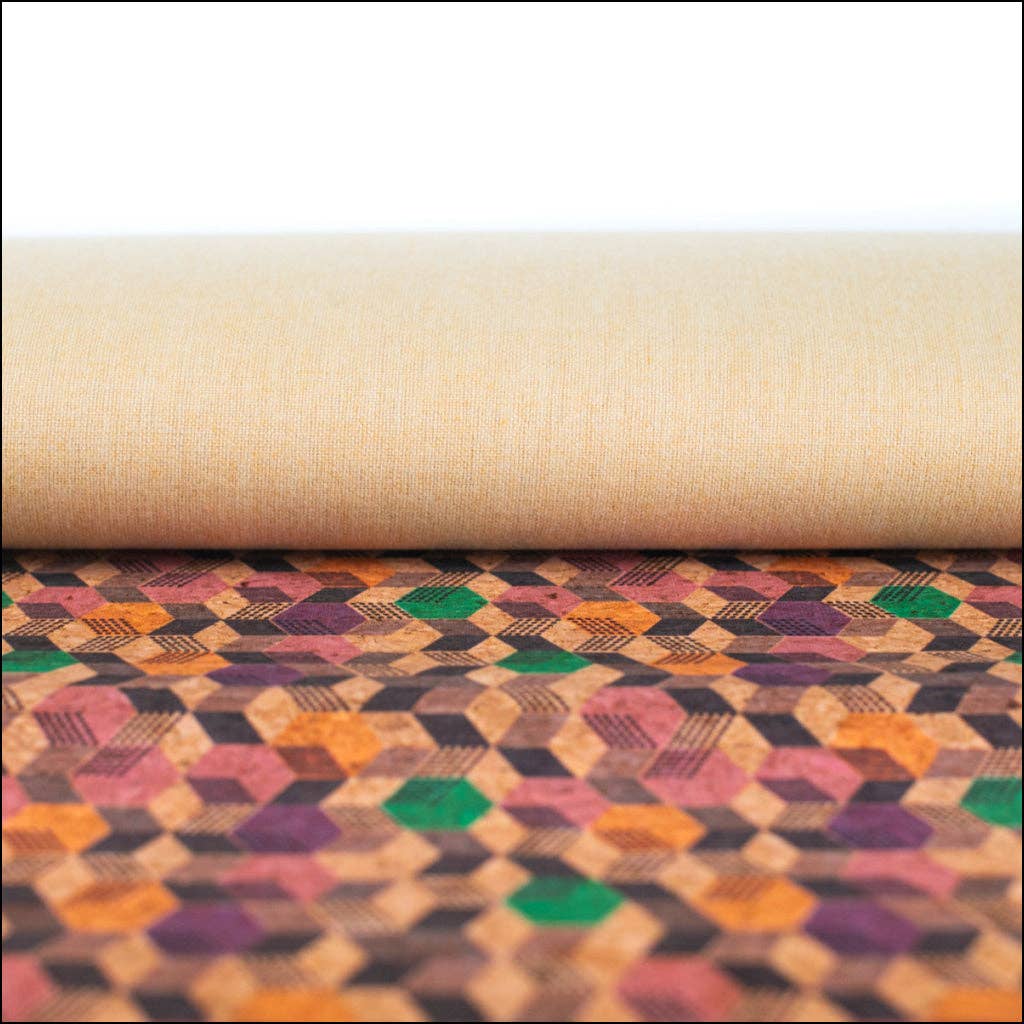 Meninas Bonitas Cork - Wholesale Fabric - Geometric Cubes Print on Natural Cork Material COF-4722
