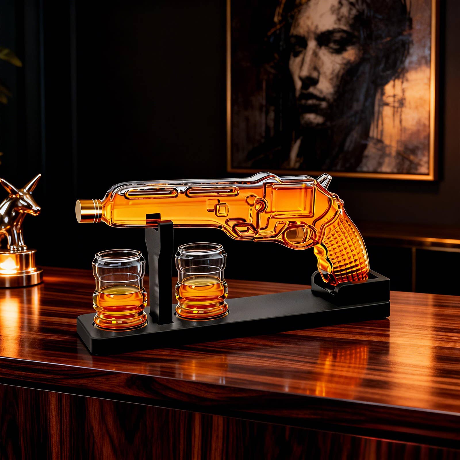 The Wine Savant /  Khen Glassware - Wholesale Decanter - Pistol Gun Decanter Set + 2 Bullet shot Glasses & Wood Stand5