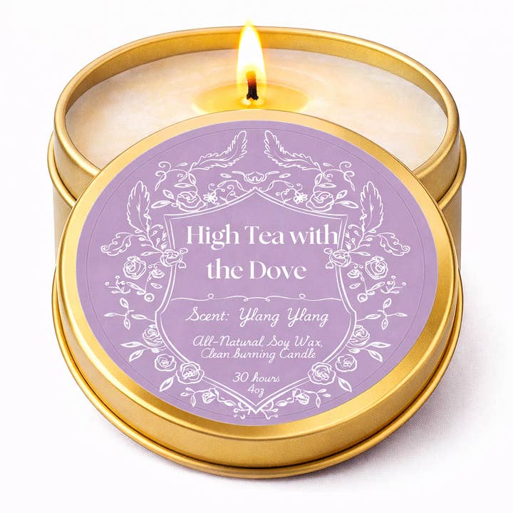 High Tea with the Dove Ylang Ylang TravelTin Candle - 4oz for wholesale by Feather & Flame Inc