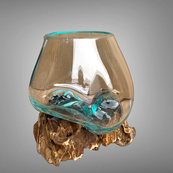 Batik Indah - Wholesale Decoratief bord/schotel/kom - Gerecycleerde houten glazen schaal met wortel uit Bali - Klein