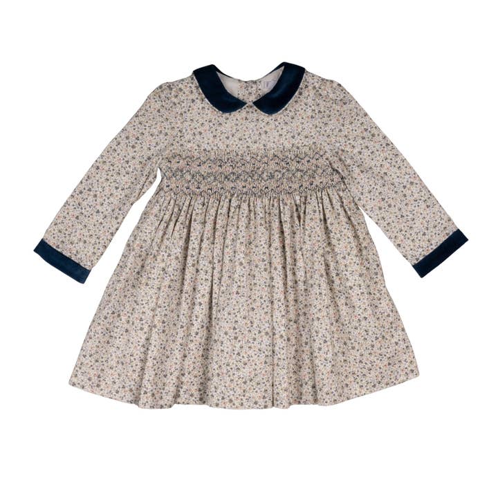 FRIDA | Girls Blue & Pink Cotton Floral Hand-Smocked Dress with Velvet Collar for wholesale by Bebe Sweeny