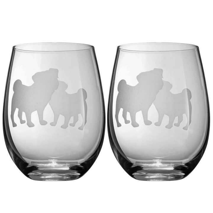 Pug Dog Stemless Wine Glasses Set of 2 by The Wine Savant for wholesale by The Wine Savant / Khen Glassware