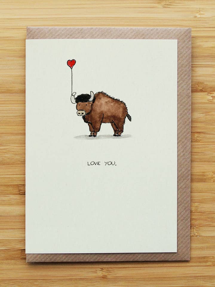 Love Bison Card - Cute - Valentines - Heart - Recycled for wholesale by RossJDesigns