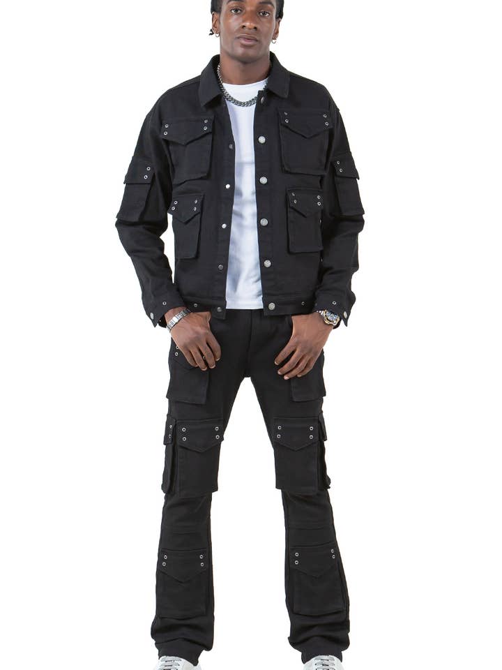 KD2479 JET BLACK EYELET CARGO POCKET DENIM PANTS for wholesale by Platform 100