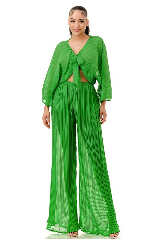 Namatt Design – wholesale Top & pants set (NOT Loungewear) – Women's – Plus Front Tie Billowing Pleated Crop Top & Pants Set11