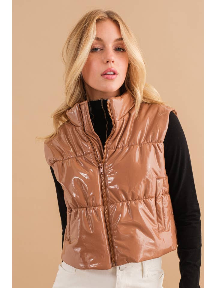 Blue B - Wholesale Outerwear Vest - Women's - 22656J - Gloss Shiny PU Quilted Puffer Zip Up Crop Vest32