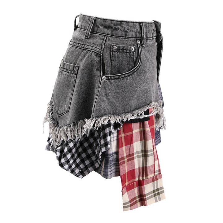 Productseeker - Wholesale Skirt - Women's - SK024 Summer Chic: High-Waist Plaid-Denim Skirt
