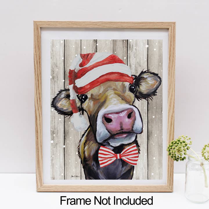 Christmas Cow Art Print, Fun Christmas Wall Decor for wholesale by Hippie Hound Studios