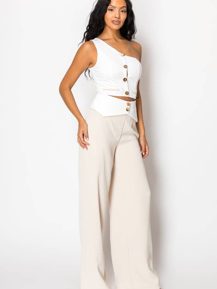 Beige Contrast Wide Pant Set With One Shoulder Top for wholesale on Faire3