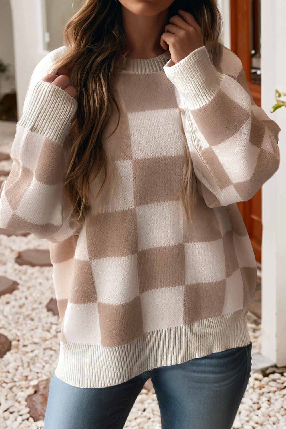Parchment LDC Checkered Pattern Ribbed Trim Knit Baggy Sweater for wholesale on Faire0