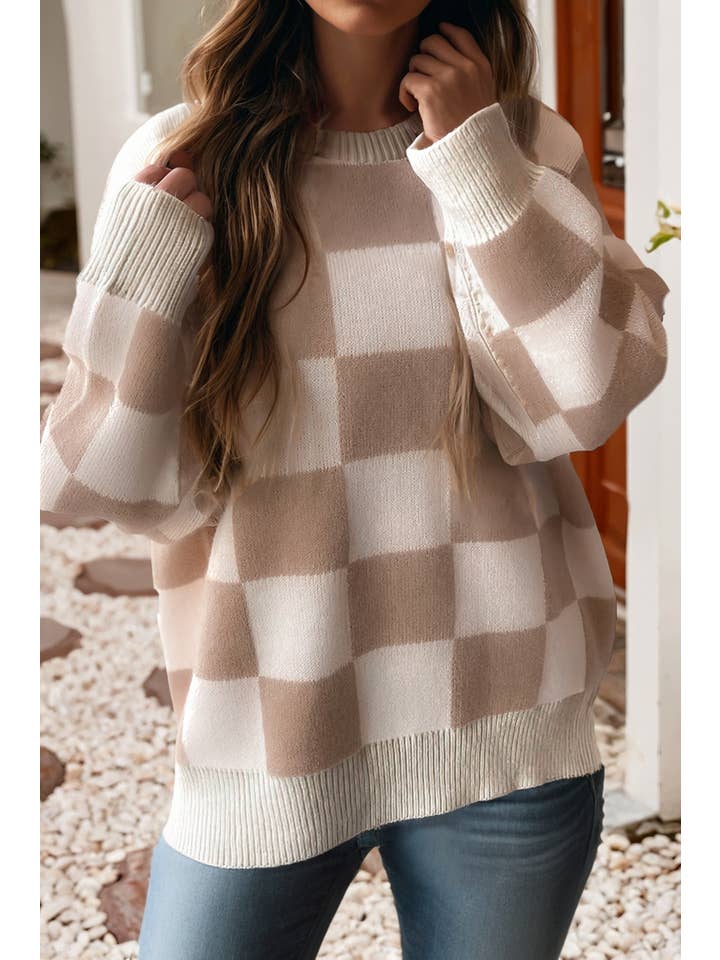 Parchment LDC Checkered Pattern Ribbed Trim Knit Baggy Sweater for wholesale on Faire
