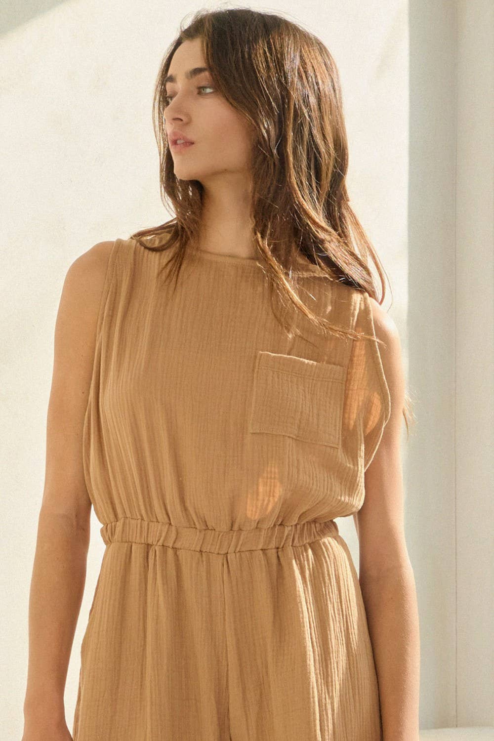 Camel R5569 Contrast Adjustable Bow Back Cotton Gauze Jumpsuit for wholesale on Faire5