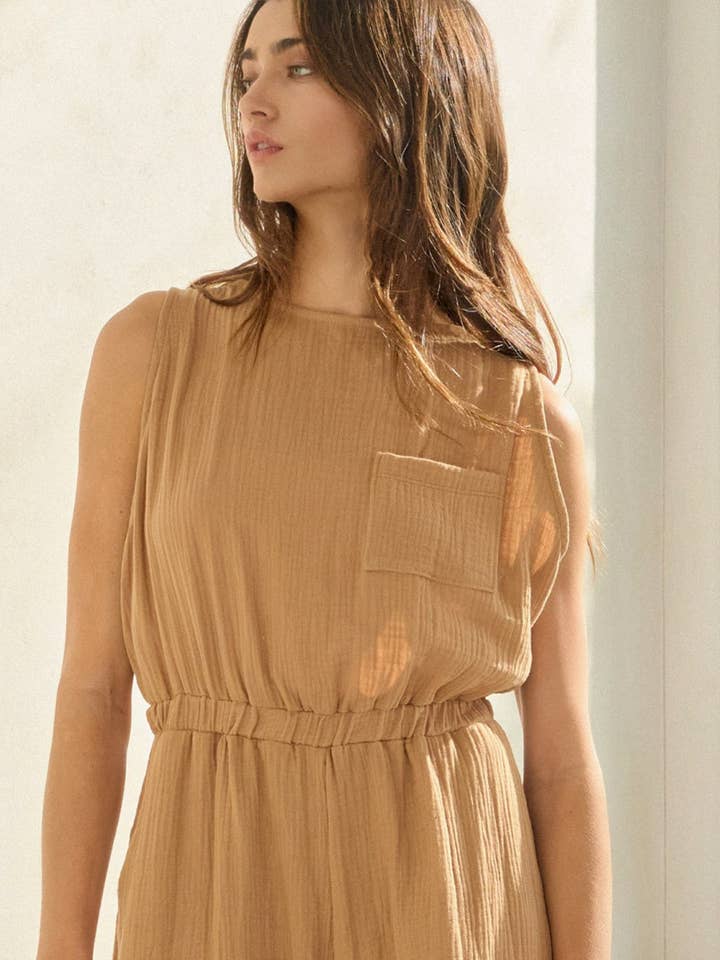 Camel R5569 Contrast Adjustable Bow Back Cotton Gauze Jumpsuit for wholesale on Faire5