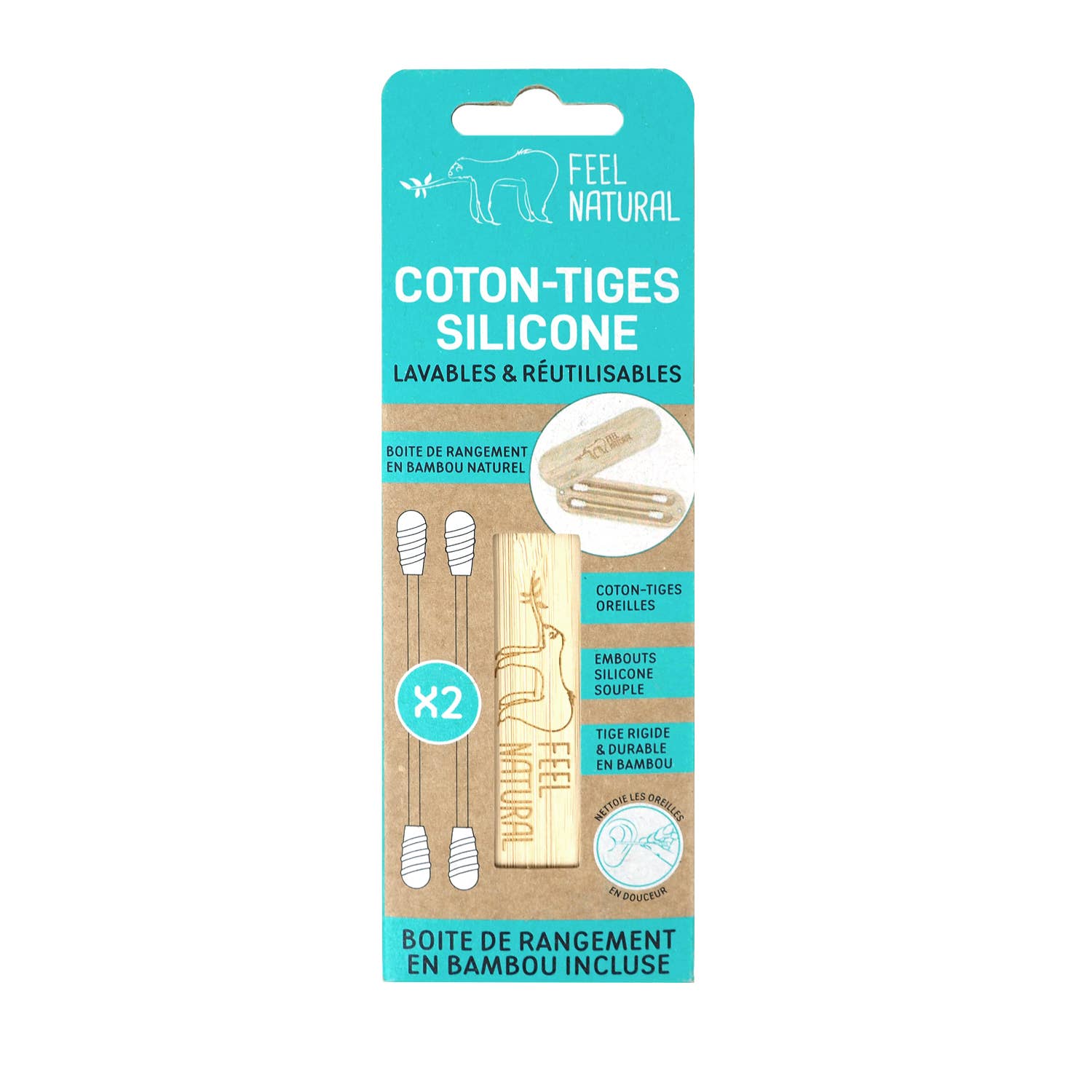 FRENCH TENDANCE - Wholesale Cotton Swab/Q-Tip - Bamboo box + 2 cotton buds Silicone - Feel Natural0