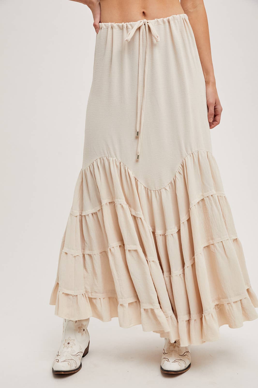 Bluivy - Wholesale Skirt - Women's - RUFFLED DRAWSTRING WASIT MAXI SKIRT WITH LINING2