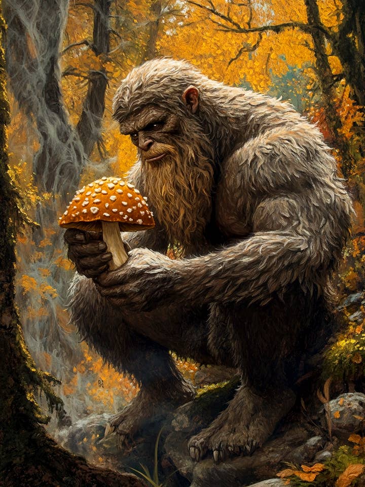 Bigfoot with Amanita Shroom - Mushroom Art Prints - 8"x10" Art Print for 11"x14" Frame for wholesale by Mowbi